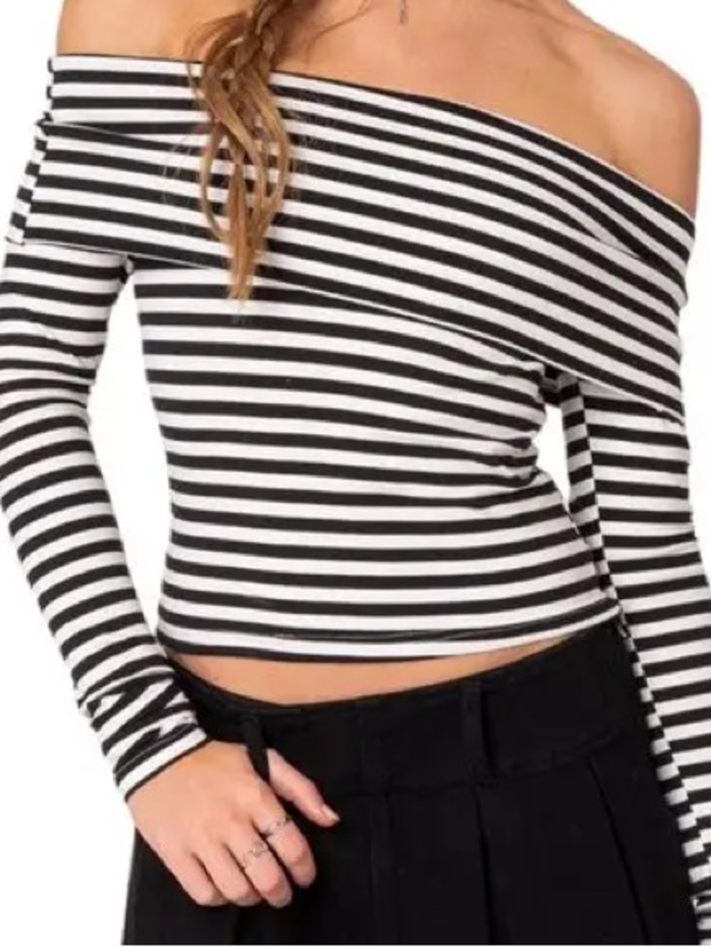 Off-Shoulder Ribbed Black & White Stripe Long-Sleeve Top